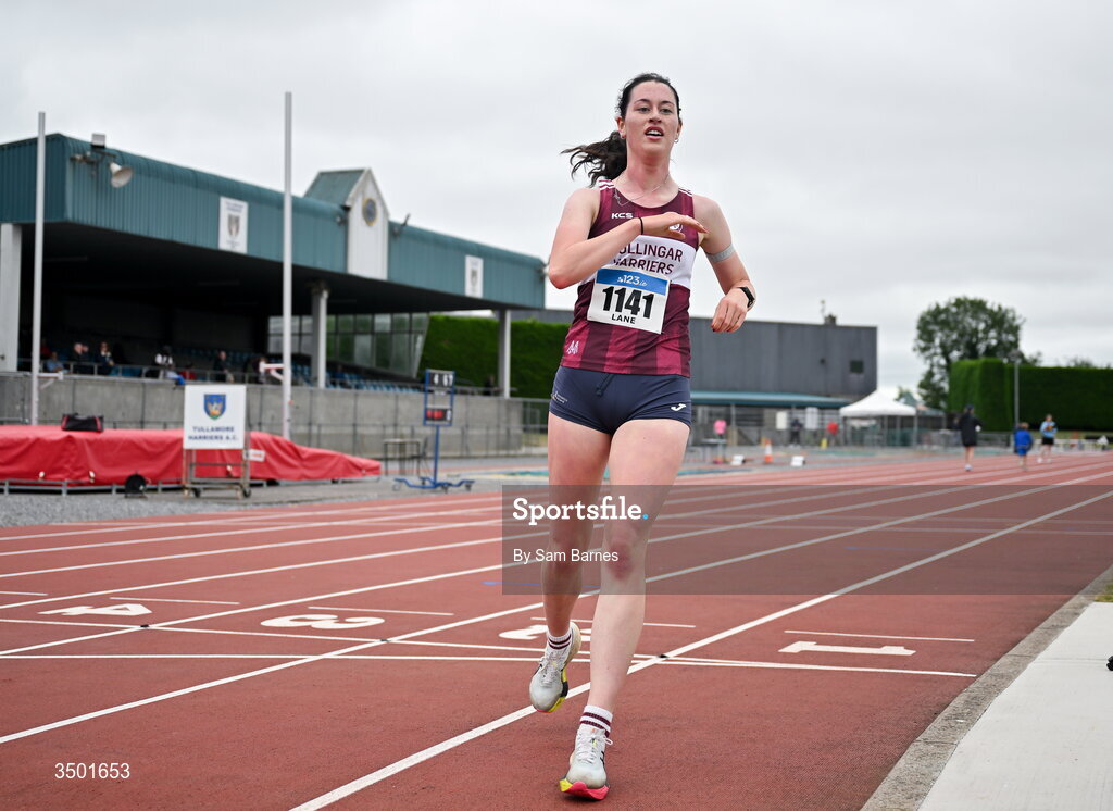 4 July 2026; Aisling Lane of Mullingar Harriers AC, Westmeath, crosses the line to win the under 23 women's 3000m walk  during day one of the 123.ie National U20 & U23 Track & Field Championships at Tullamore Harriers Athletics Club in Tullamore, Offaly. Photo by Sam Barnes/Sportsfile
