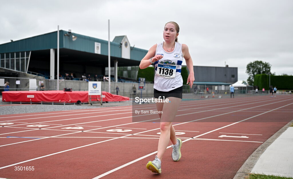 4 July 2026; Saoirse Kennedy of Celbridge AC, Kildare, competes in the under 23 women's 3000m walk during day one of the 123.ie National U20 & U23 Track & Field Championships at Tullamore Harriers Athletics Club in Tullamore, Offaly. Photo by Sam Barnes/Sportsfile