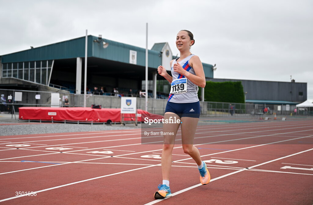4 July 2026; Ciara Wilson Bowen of Dundrum South Dublin AC, crosses the line to finish second in the under 23 women's 3000m walk during day one of the 123.ie National U20 & U23 Track & Field Championships at Tullamore Harriers Athletics Club in Tullamore, Offaly. Photo by Sam Barnes/Sportsfile
