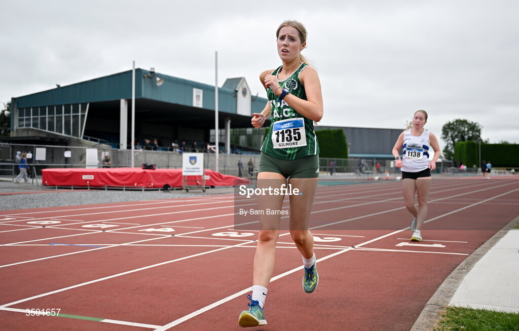 4 July 2026; Ciara Gilmore of Tuam AC, Galway, competes in the under 20 women's 3000m walk during day one of the 123.ie National U20 & U23 Track & Field Championships at Tullamore Harriers Athletics Club in Tullamore, Offaly. Photo by Sam Barnes/Sportsfile