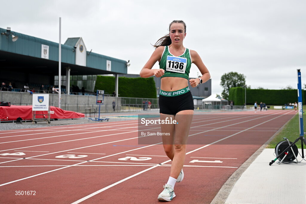 4 July 2026; Savanagh O'Callaghan of Tuam AC, Galway, competes in the under 20 women's 3000m walk during day one of the 123.ie National U20 & U23 Track & Field Championships at Tullamore Harriers Athletics Club in Tullamore, Offaly. Photo by Sam Barnes/Sportsfile
