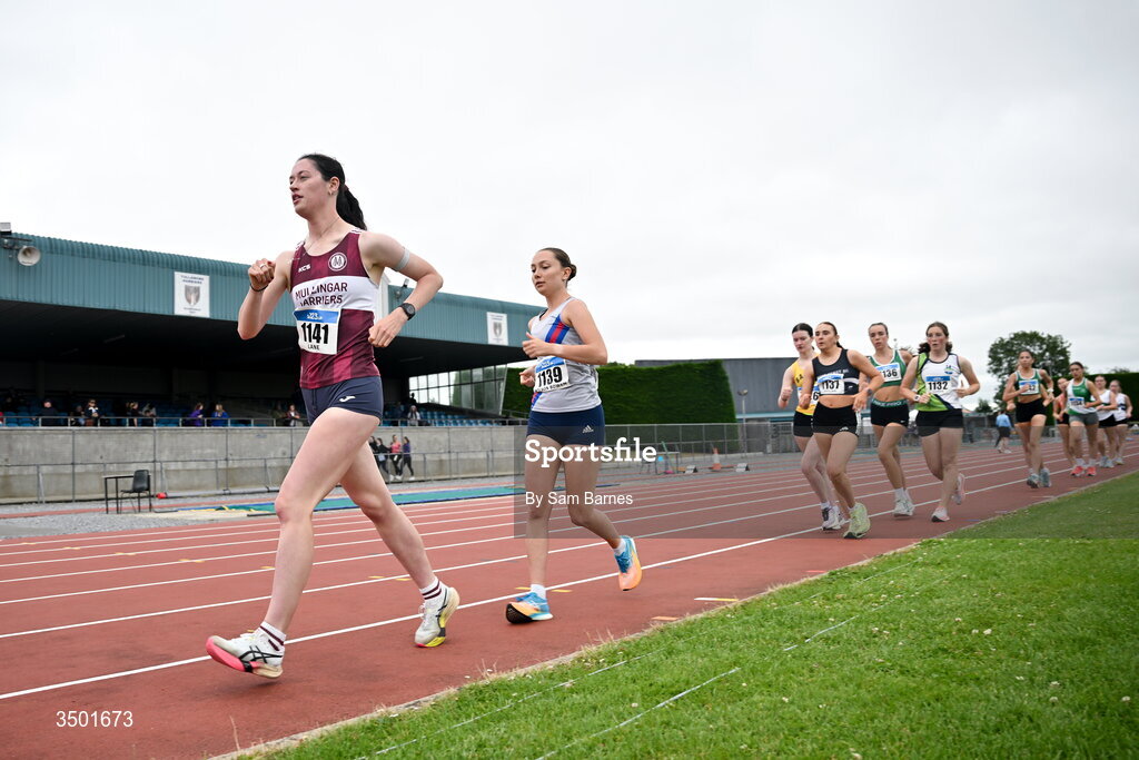 4 July 2026; Aisling Lane of Mullingar Harriers AC, left, leads the field in the under 23 women's 3000m walk during day one of the 123.ie National U20 & U23 Track & Field Championships at Tullamore Harriers Athletics Club in Tullamore, Offaly. Photo by Sam Barnes/Sportsfile