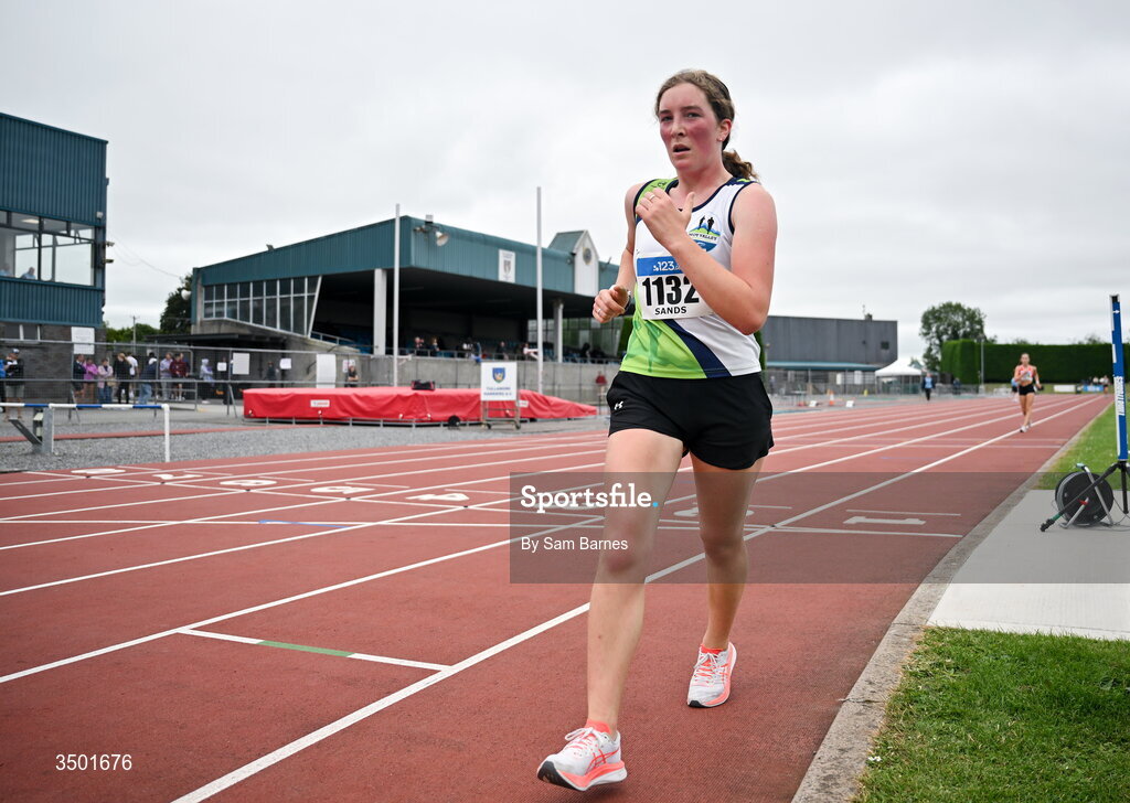 4 July 2026; Pearl Sands of Moy Valley AC, Co Mayo, competes in the under 20 women's 3000m walk during day one of the 123.ie National U20 & U23 Track & Field Championships at Tullamore Harriers Athletics Club in Tullamore, Offaly. Photo by Sam Barnes/Sportsfile