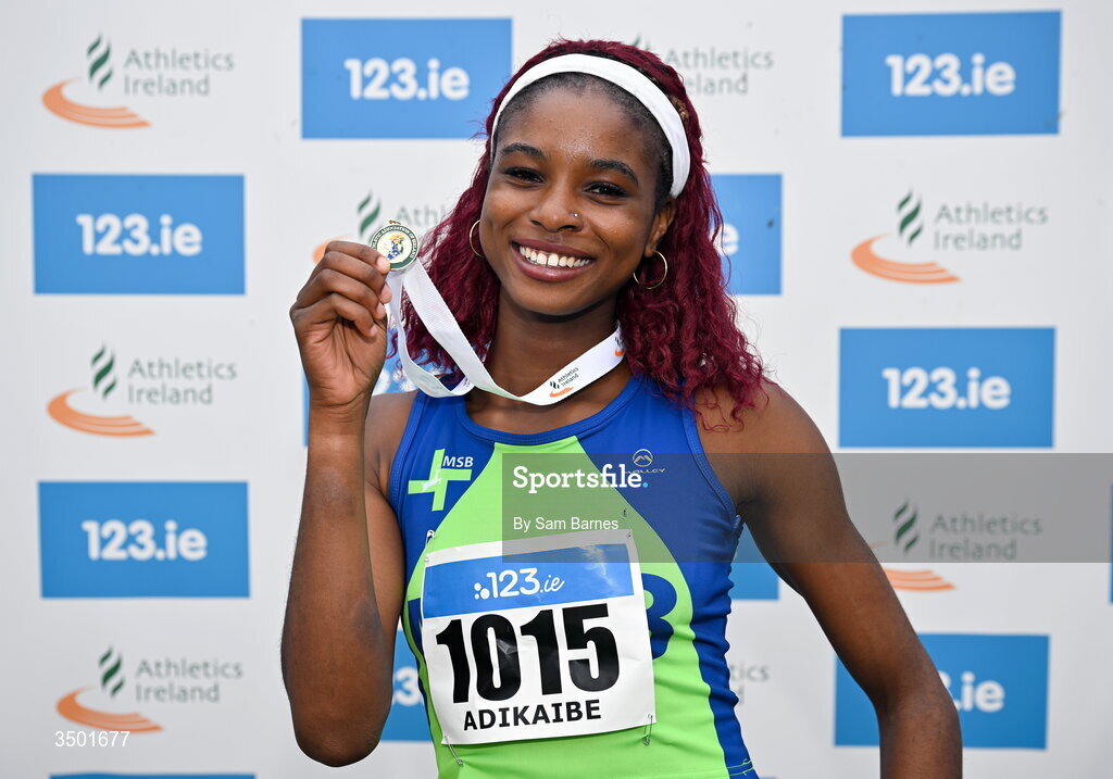 4 July 2026; Chidinma Adikaibe of Metro/St Brigids AC, Dublin with her under 20 women's 100m gold medal during day one of the 123.ie National U20 & U23 Track & Field Championships at Tullamore Harriers Athletics Club in Tullamore, Offaly. Photo by Sam Barnes/Sportsfile