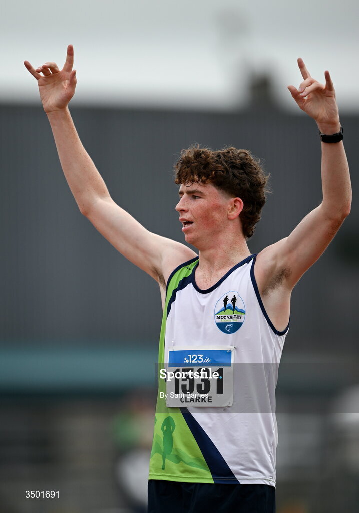 4 July 2026; Seamus Clarke of Moy Valley AC, Co Mayo, celebrates after winning the under 20 men's 5000m walk during day one of the 123.ie National U20 & U23 Track & Field Championships at Tullamore Harriers Athletics Club in Tullamore, Offaly. Photo by Sam Barnes/Sportsfile