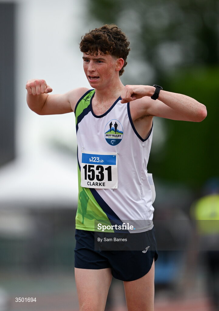 4 July 2026; Seamus Clarke of Moy Valley AC, Co Mayo, celebrates after winning the under 20 men's 5000m walk during day one of the 123.ie National U20 & U23 Track & Field Championships at Tullamore Harriers Athletics Club in Tullamore, Offaly. Photo by Sam Barnes/Sportsfile