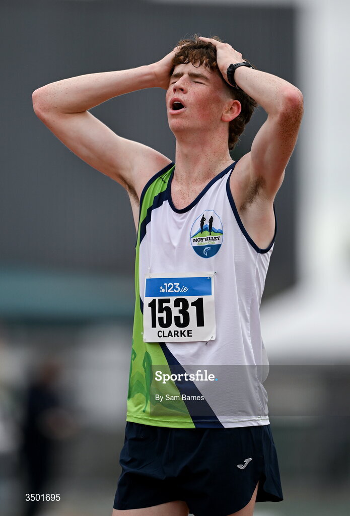 4 July 2026; Seamus Clarke of Moy Valley AC, Co Mayo, celebrates after winning the under 20 men's 5000m walk during day one of the 123.ie National U20 & U23 Track & Field Championships at Tullamore Harriers Athletics Club in Tullamore, Offaly. Photo by Sam Barnes/Sportsfile