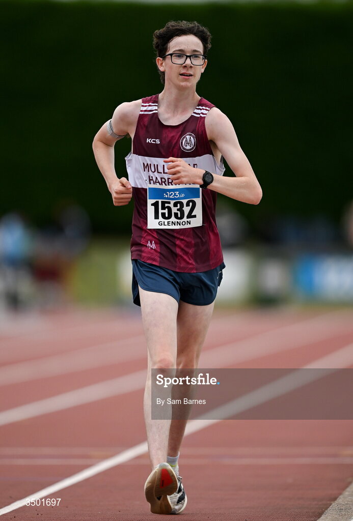 4 July 2026; Daniel Glennon of Mullingar Harriers AC, Westmeath, competes in the under 20 men's 5000m walk during day one of the 123.ie National U20 & U23 Track & Field Championships at Tullamore Harriers Athletics Club in Tullamore, Offaly. Photo by Sam Barnes/Sportsfile