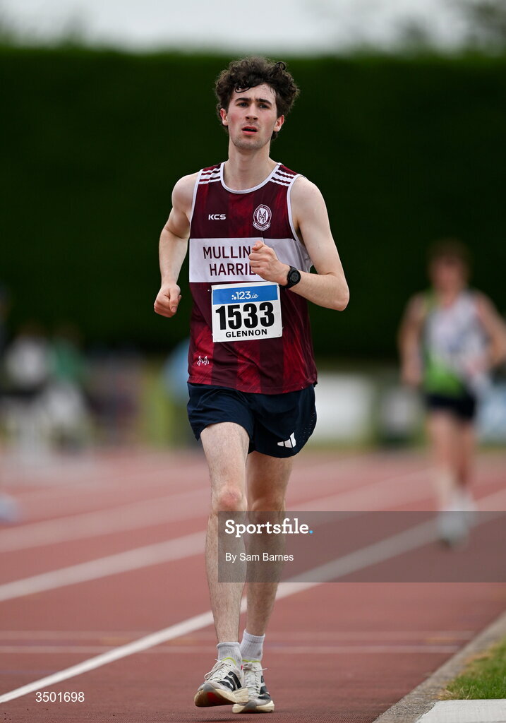 4 July 2026; John Glennon of Mullingar Harriers AC, Westmeath, competes in the under 20 men's 5000m walk during day one of the 123.ie National U20 & U23 Track & Field Championships at Tullamore Harriers Athletics Club in Tullamore, Offaly. Photo by Sam Barnes/Sportsfile