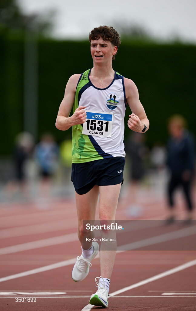 4 July 2026; Seamus Clarke of Moy Valley AC, Co Mayo, celebrates after winning the under 20 men's 5000m walk during day one of the 123.ie National U20 & U23 Track & Field Championships at Tullamore Harriers Athletics Club in Tullamore, Offaly. Photo by Sam Barnes/Sportsfile