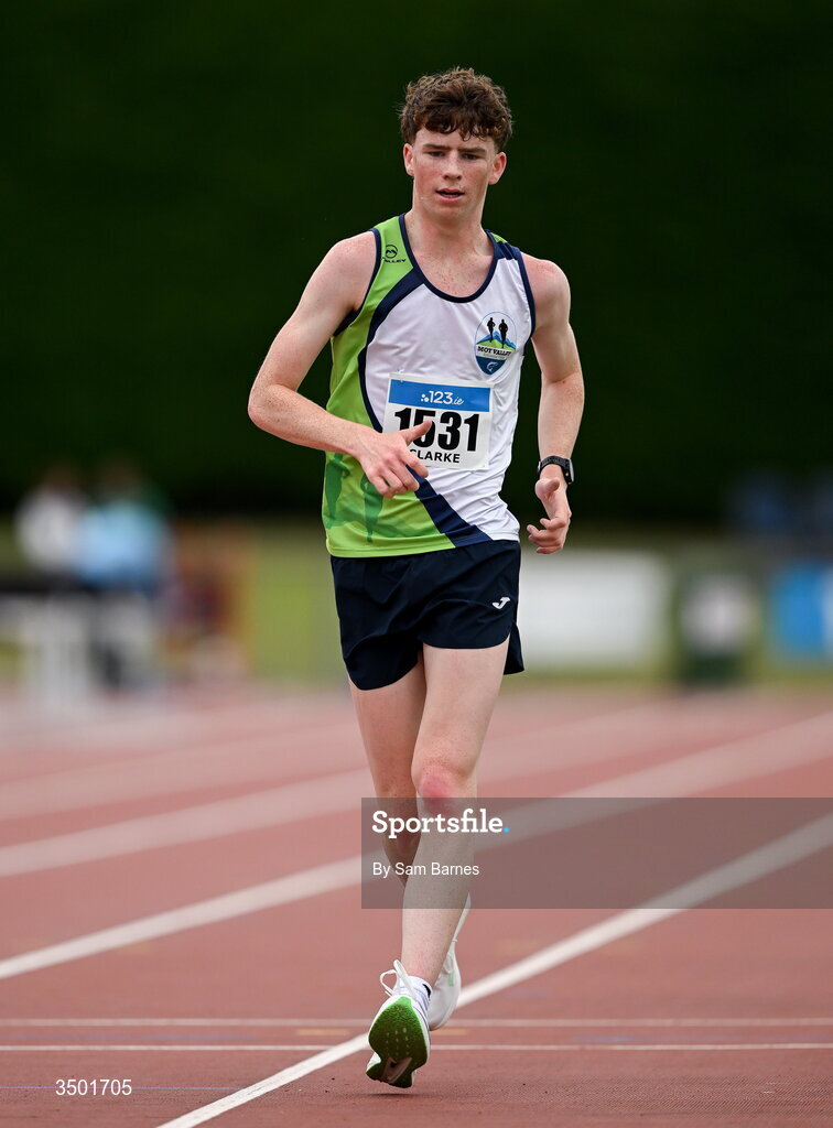 4 July 2026; Seamus Clarke of Moy Valley AC, Co Mayo, competes in the under 20 men's 5000m walk during day one of the 123.ie National U20 & U23 Track & Field Championships at Tullamore Harriers Athletics Club in Tullamore, Offaly. Photo by Sam Barnes/Sportsfile