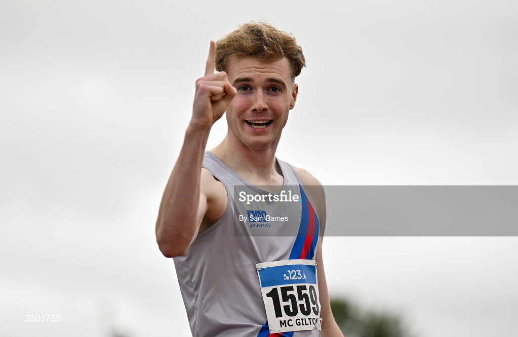 4 July 2026; Andrew McGilton of Dundrum South Dublin AC, Dublin, celebrates winning the under 23 men's 800m during day one of the 123.ie National U20 & U23 Track & Field Championships at Tullamore Harriers Athletics Club in Tullamore, Offaly. Photo by Sam Barnes/Sportsfile