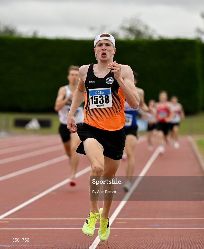 4 July 2026; Bobby More of Bray Runners AC, Wicklow, on his way to winning under 20 men's 800m during day one of the 123.ie National U20 & U23 Track & Field Championships at Tullamore Harriers Athletics Club in Tullamore, Offaly. Photo by Sam Barnes/Sportsfile