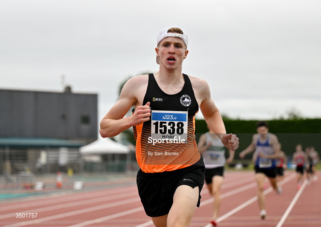 4 July 2026; Bobby More of Bray Runners AC, Wicklow, on his way to winning under 20 men's 800m during day one of the 123.ie National U20 & U23 Track & Field Championships at Tullamore Harriers Athletics Club in Tullamore, Offaly. Photo by Sam Barnes/Sportsfile