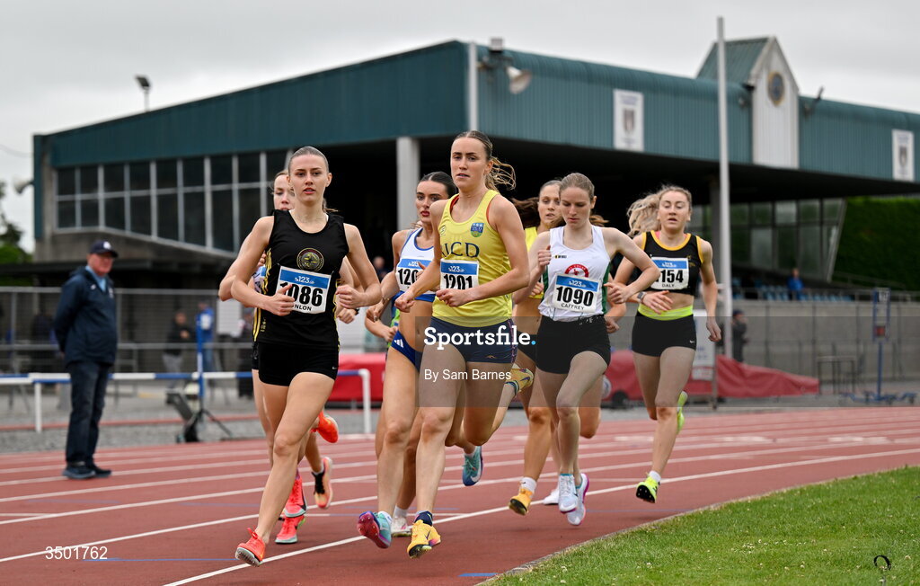 4 July 2026; Zoie Richie of UCD AC, Dublin, centre, leads the field in the under 23 women's 800m during day one of the 123.ie National U20 & U23 Track & Field Championships at Tullamore Harriers Athletics Club in Tullamore, Offaly. Photo by Sam Barnes/Sportsfile