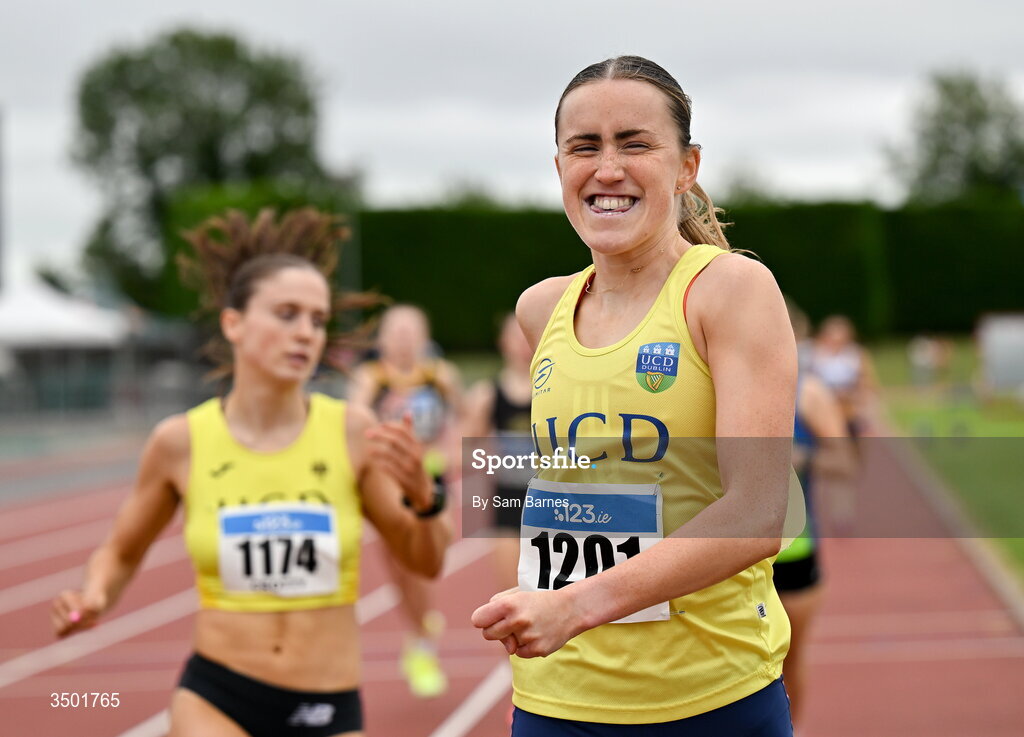 4 July 2026; Zoie Richie of UCD AC, Dublin, celebrates winning the under 23 women's 800m during day one of the 123.ie National U20 & U23 Track & Field Championships at Tullamore Harriers Athletics Club in Tullamore, Offaly. Photo by Sam Barnes/Sportsfile