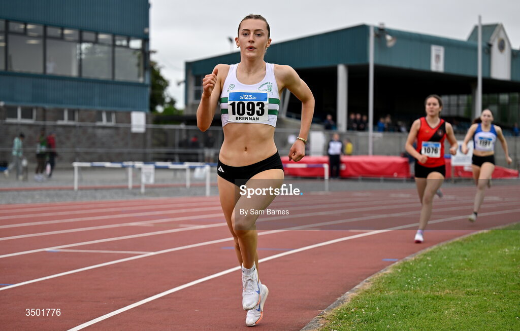 4 July 2026; Emer Brennan of Clonmel AC, Tipperary, competes in the under 20 women's 800m during day one of the 123.ie National U20 & U23 Track & Field Championships at Tullamore Harriers Athletics Club in Tullamore, Offaly. Photo by Sam Barnes/Sportsfile