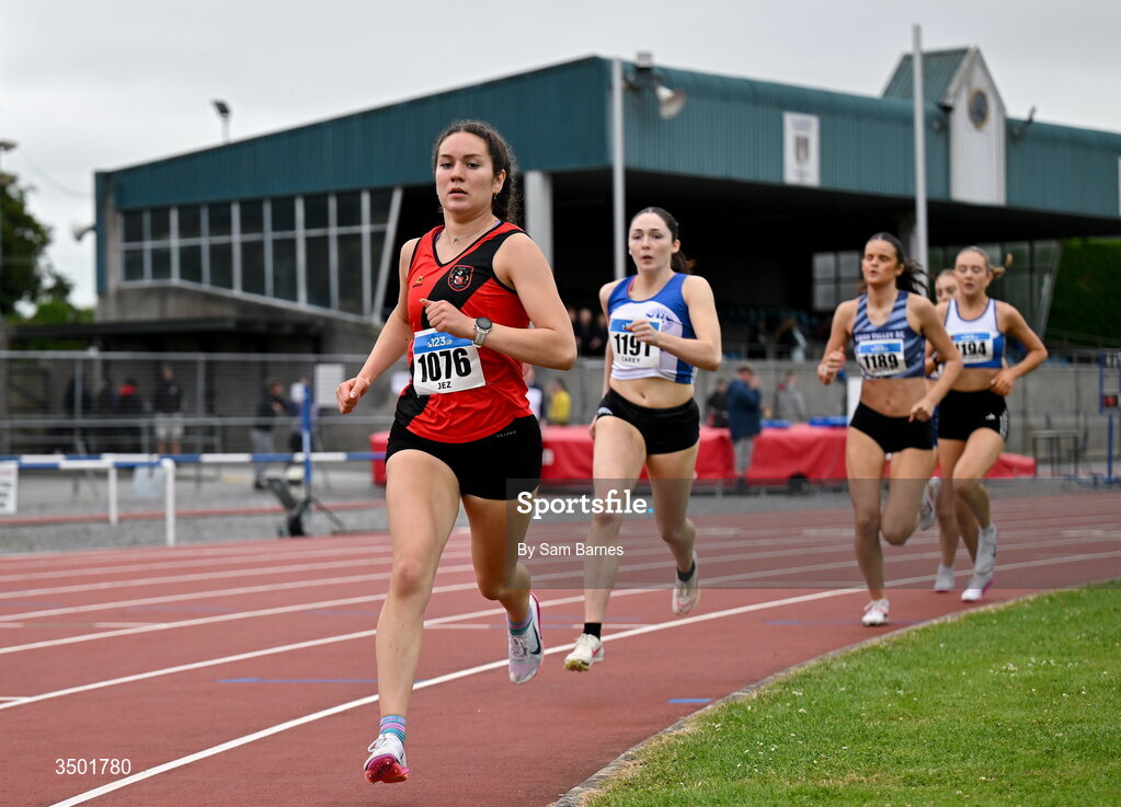 4 July 2026; Rachel Jez of Lucan Harriers AC, Dublin, competes in the under 20 women's 800m during day one of the 123.ie National U20 & U23 Track & Field Championships at Tullamore Harriers Athletics Club in Tullamore, Offaly. Photo by Sam Barnes/Sportsfile