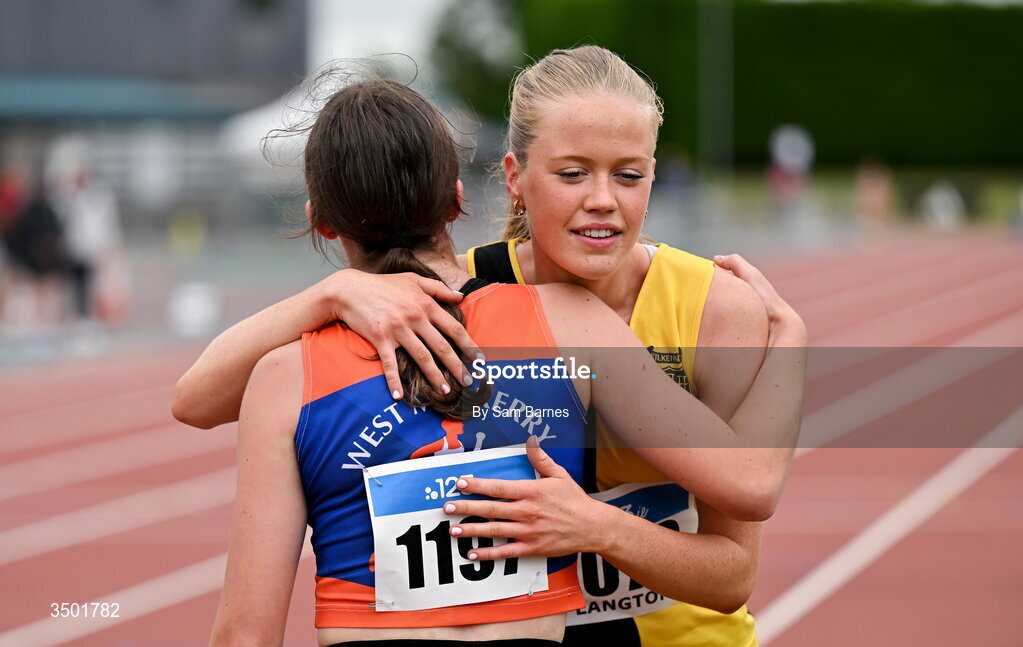 4 July 2026; Pia Langton of Kilkenny City Harriers AC, right, is congratulated by Rebecca O'Neill of West Muskerry AC, competes in the under 20 women's 800m during day one of the 123.ie National U20 & U23 Track & Field Championships at Tullamore Harriers Athletics Club in Tullamore, Offaly. Photo by Sam Barnes/Sportsfile