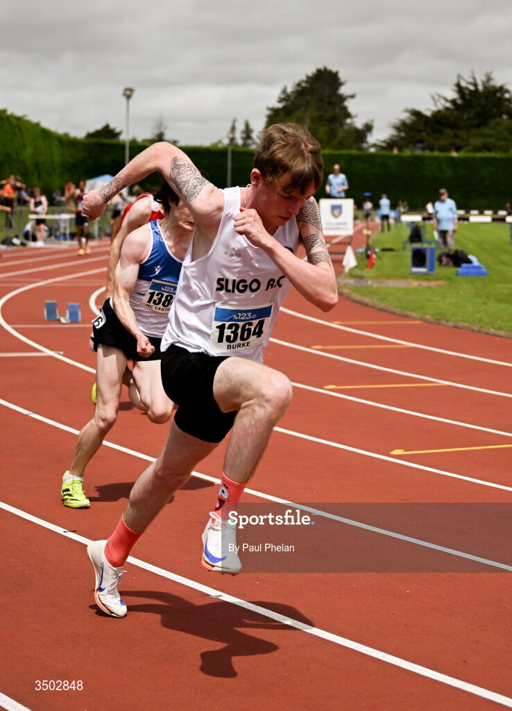 5 July 2026; Darragh Burke of Sligo A.C., Antrim competes in a U23 men's 200m heat during day two of the 123.ie National U20 & U23 Track & Field Championships at Tullamore Harriers Athletics Club in Tullamore, Offaly. Photo by Paul Phelan/Sportsfile