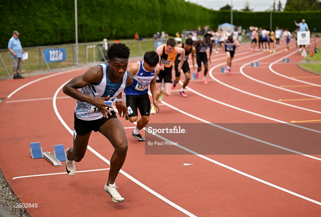 5 July 2026; Kamal Oresanya of Titans A.C., Cork competes in a U20 men's 200m heat during day two of the 123.ie National U20 & U23 Track & Field Championships at Tullamore Harriers Athletics Club in Tullamore, Offaly. Photo by Paul Phelan/Sportsfile