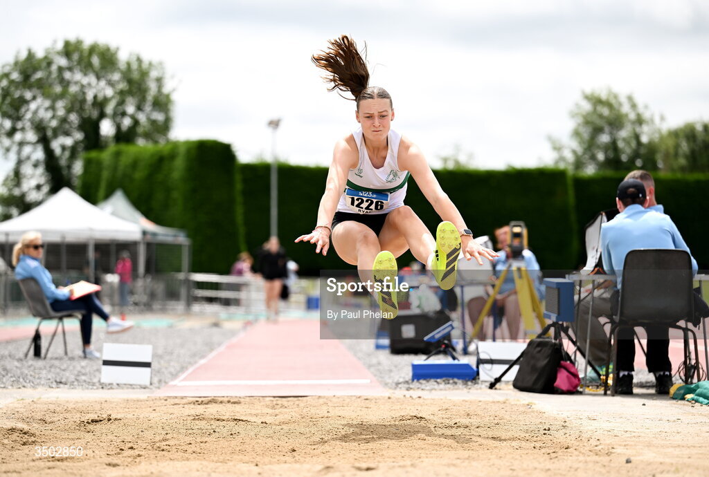 5 July 2026; Cara Ryan of Clonmel A.C., Dublin competes in the U20 women's Long Jump during day two of the 123.ie National U20 & U23 Track & Field Championships at Tullamore Harriers Athletics Club in Tullamore, Offaly. Photo by Paul Phelan/Sportsfile