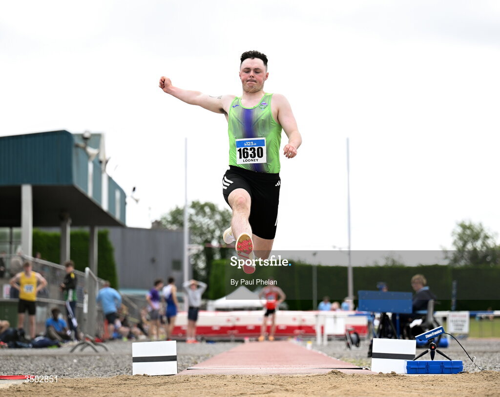 5 July 2026; Dara Looney of Killarney Valley A.C., Tipperary competes in the U23 men's Long Jump during day two of the 123.ie National U20 & U23 Track & Field Championships at Tullamore Harriers Athletics Club in Tullamore, Offaly. Photo by Paul Phelan/Sportsfile