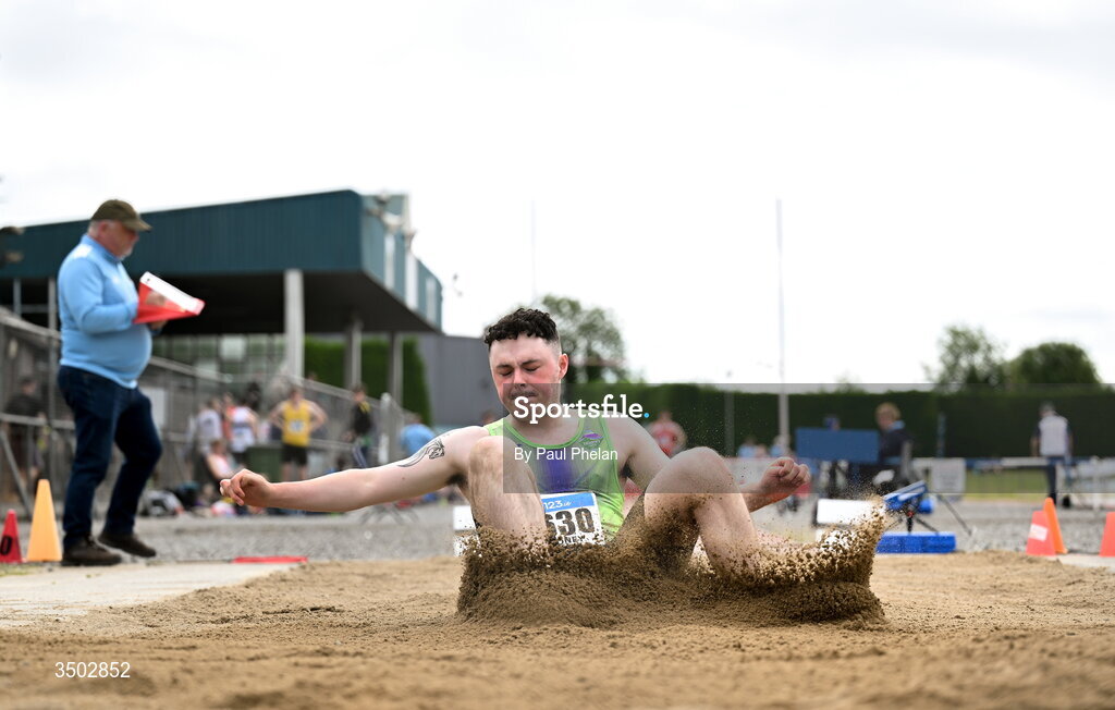 5 July 2026; Dara Looney of Killarney Valley A.C., Tipperary competes in the U23 men's Long Jump during day two of the 123.ie National U20 & U23 Track & Field Championships at Tullamore Harriers Athletics Club in Tullamore, Offaly. Photo by Paul Phelan/Sportsfile