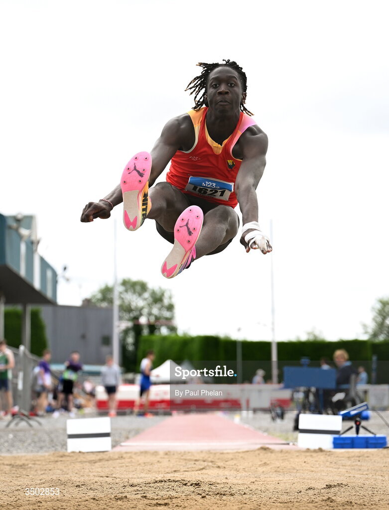 5 July 2026; Ryan Onoh of Cork City A.C., Dublin competes in the U20 men's Long Jump during day two of the 123.ie National U20 & U23 Track & Field Championships at Tullamore Harriers Athletics Club in Tullamore, Offaly. Photo by Paul Phelan/Sportsfile