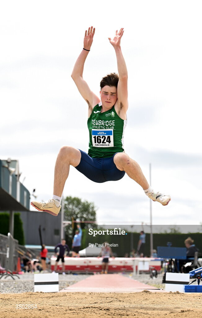5 July 2026; John Paul Archbold of Newbridge A.C., Cork competes in the U20 men's Long Jump during day two of the 123.ie National U20 & U23 Track & Field Championships at Tullamore Harriers Athletics Club in Tullamore, Offaly. Photo by Paul Phelan/Sportsfile