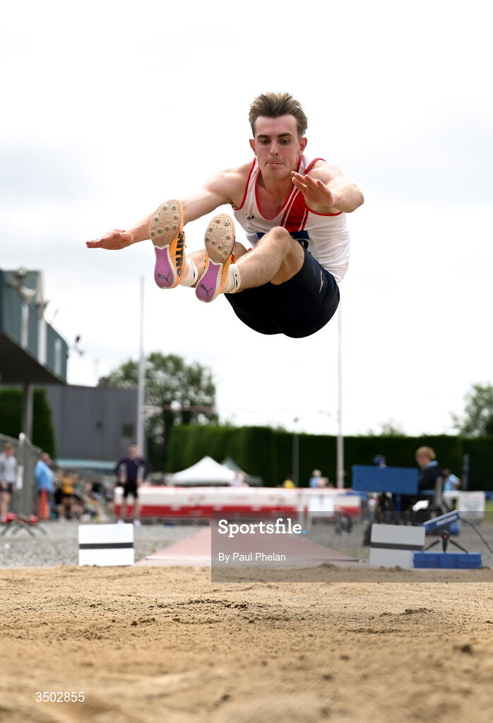 5 July 2026; Michael Kent of D.M.P. A.C., Tyrone competes in the U20 men's Long Jump during day two of the 123.ie National U20 & U23 Track & Field Championships at Tullamore Harriers Athletics Club in Tullamore, Offaly. Photo by Paul Phelan/Sportsfile