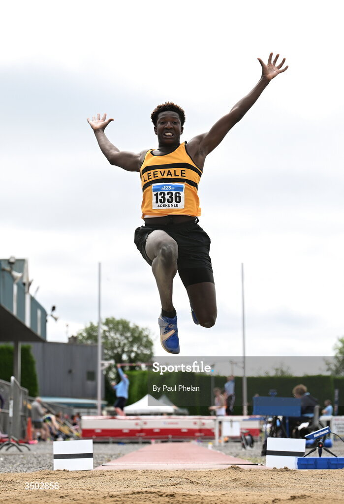 5 July 2026; Rahman Amusa Adekunle of Leevale A.C., Kerry competes in the U20 men's Long Jump during day two of the 123.ie National U20 & U23 Track & Field Championships at Tullamore Harriers Athletics Club in Tullamore, Offaly. Photo by Paul Phelan/Sportsfile