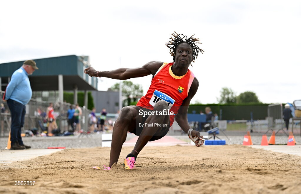 5 July 2026; Ryan Onoh of Cork City A.C., Dublin competes in the U20 men's Long Jump during day two of the 123.ie National U20 & U23 Track & Field Championships at Tullamore Harriers Athletics Club in Tullamore, Offaly. Photo by Paul Phelan/Sportsfile