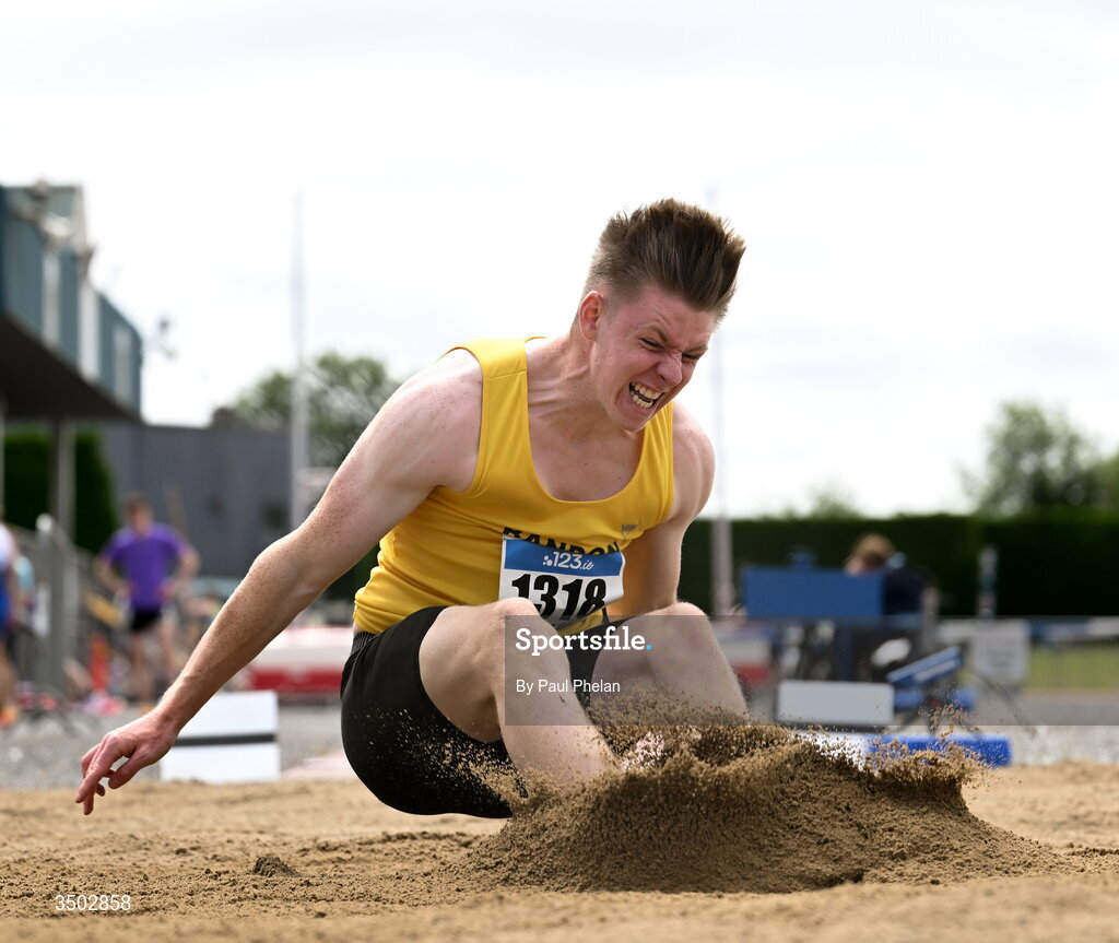5 July 2026; Eoin O'Callaghan of Bandon A.C., Galway competes in the U20 men's Long Jump during day two of the 123.ie National U20 & U23 Track & Field Championships at Tullamore Harriers Athletics Club in Tullamore, Offaly. Photo by Paul Phelan/Sportsfile