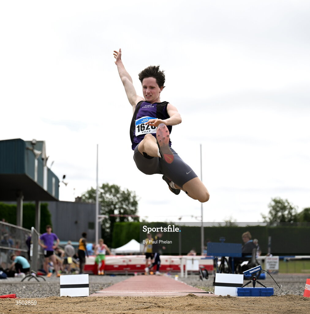 5 July 2026; Artem Kelly of St. Pauls A.C., Antrim competes in the U20 men's Long Jump during day two of the 123.ie National U20 & U23 Track & Field Championships at Tullamore Harriers Athletics Club in Tullamore, Offaly. Photo by Paul Phelan/Sportsfile