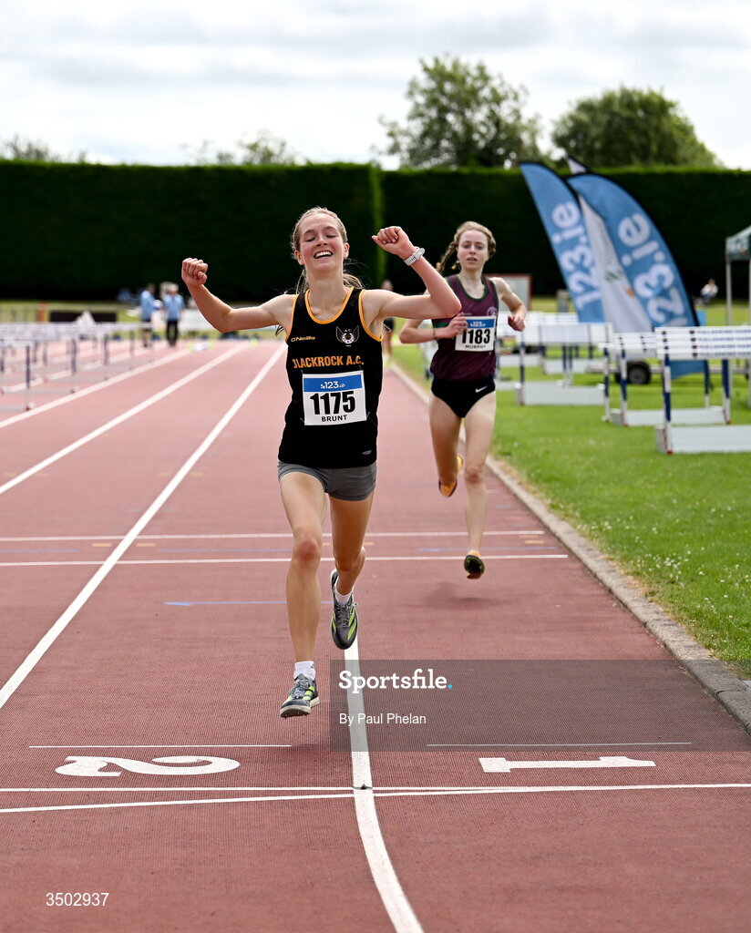 5 July 2026; Megan Brunt of Blackrock (Dublin) A.C., Galway wins the U20 women's 5000m during day two of the 123.ie National U20 & U23 Track & Field Championships at Tullamore Harriers Athletics Club in Tullamore, Offaly. Photo by Paul Phelan/Sportsfile