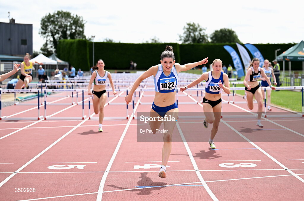 5 July 2026; Orlaith Mannion of South Galway A.C., Donegal wins the U20 women's 100m Hurdles during day two of the 123.ie National U20 & U23 Track & Field Championships at Tullamore Harriers Athletics Club in Tullamore, Offaly. Photo by Paul Phelan/Sportsfile
