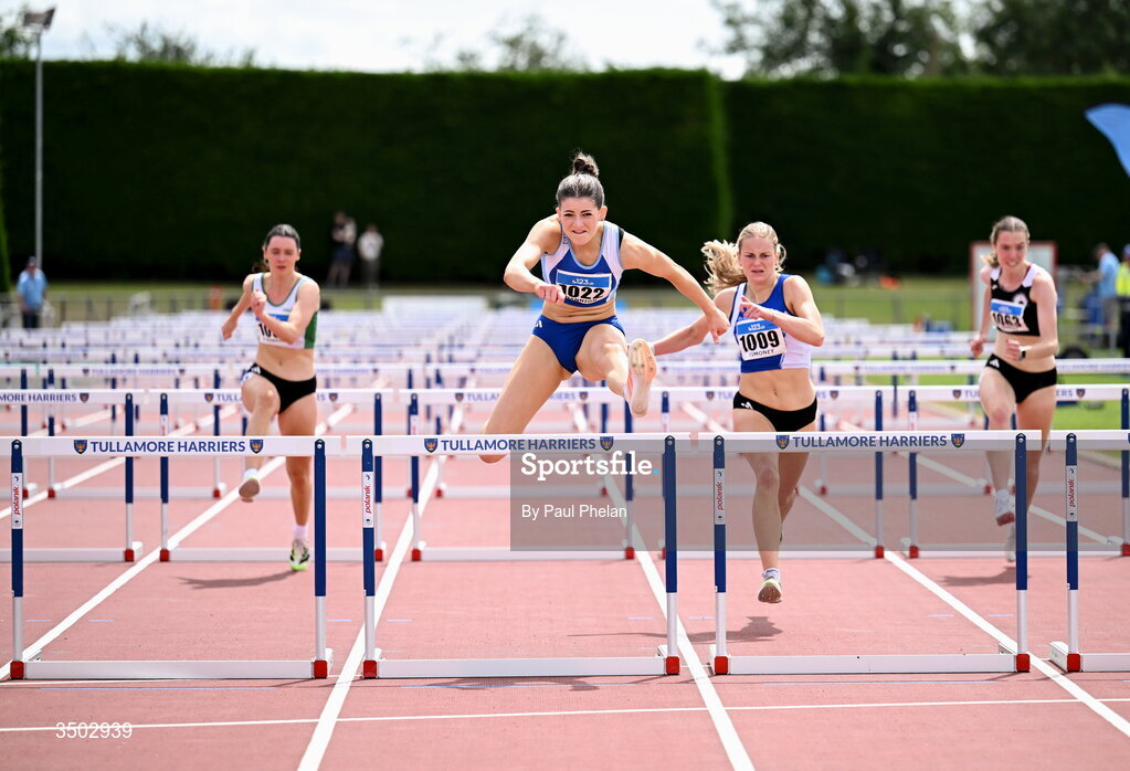 5 July 2026; Orlaith Mannion of South Galway A.C., Donegal on her way to winning the U20 women's 100m Hurdles during day two of the 123.ie National U20 & U23 Track & Field Championships at Tullamore Harriers Athletics Club in Tullamore, Offaly. Photo by Paul Phelan/Sportsfile