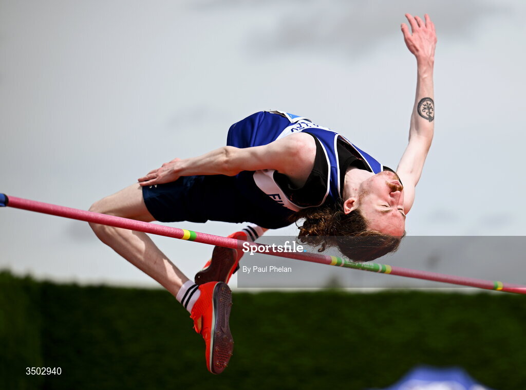 5 July 2026; Stephen Slevin of Finn Valley A.C., Down competes in the U20 men's High Jump during day two of the 123.ie National U20 & U23 Track & Field Championships at Tullamore Harriers Athletics Club in Tullamore, Offaly. Photo by Paul Phelan/Sportsfile