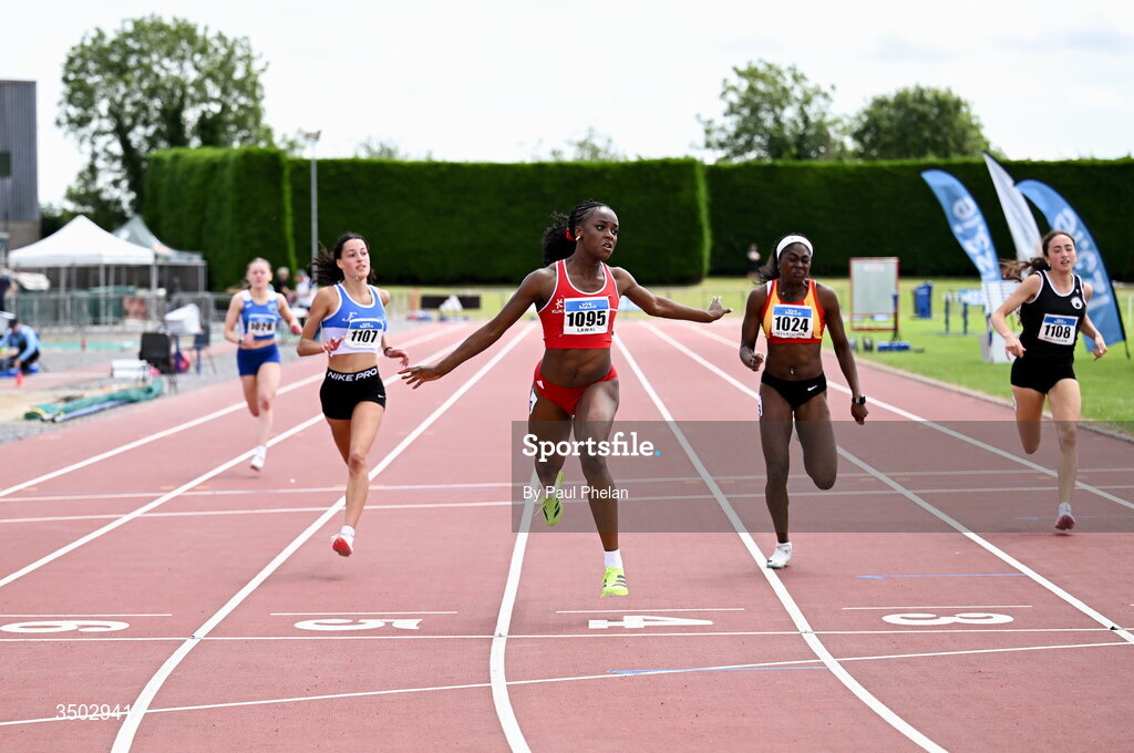 5 July 2026; Destiny Lawal of Dooneen A.C., Galway wins the U20 women's 200m during day two of the 123.ie National U20 & U23 Track & Field Championships at Tullamore Harriers Athletics Club in Tullamore, Offaly. Photo by Paul Phelan/Sportsfile