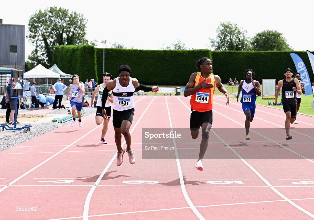 5 July 2026; Dubem Amah of Tallaght A.C., Dublin, right, wins and Adam Ofeimun of Donore Harriers A.C., Meath, left, comes second in the U20 men's 200m during day two of the 123.ie National U20 & U23 Track & Field Championships at Tullamore Harriers Athletics Club in Tullamore, Offaly. Photo by Paul Phelan/Sportsfile