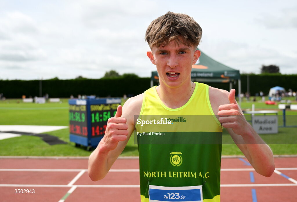 5 July 2026; Lucas Lyons of North Leitrim A.C., Louth wins the U20 men's 5000m during day two of the 123.ie National U20 & U23 Track & Field Championships at Tullamore Harriers Athletics Club in Tullamore, Offaly. Photo by Paul Phelan/Sportsfile