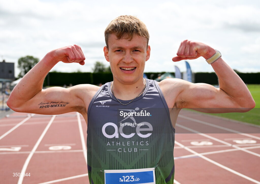 5 July 2026; Danny Nugent of Ace Athletics Club, Galway wins  the U23 men's 5000m during day two of the 123.ie National U20 & U23 Track & Field Championships at Tullamore Harriers Athletics Club in Tullamore, Offaly. Photo by Paul Phelan/Sportsfile