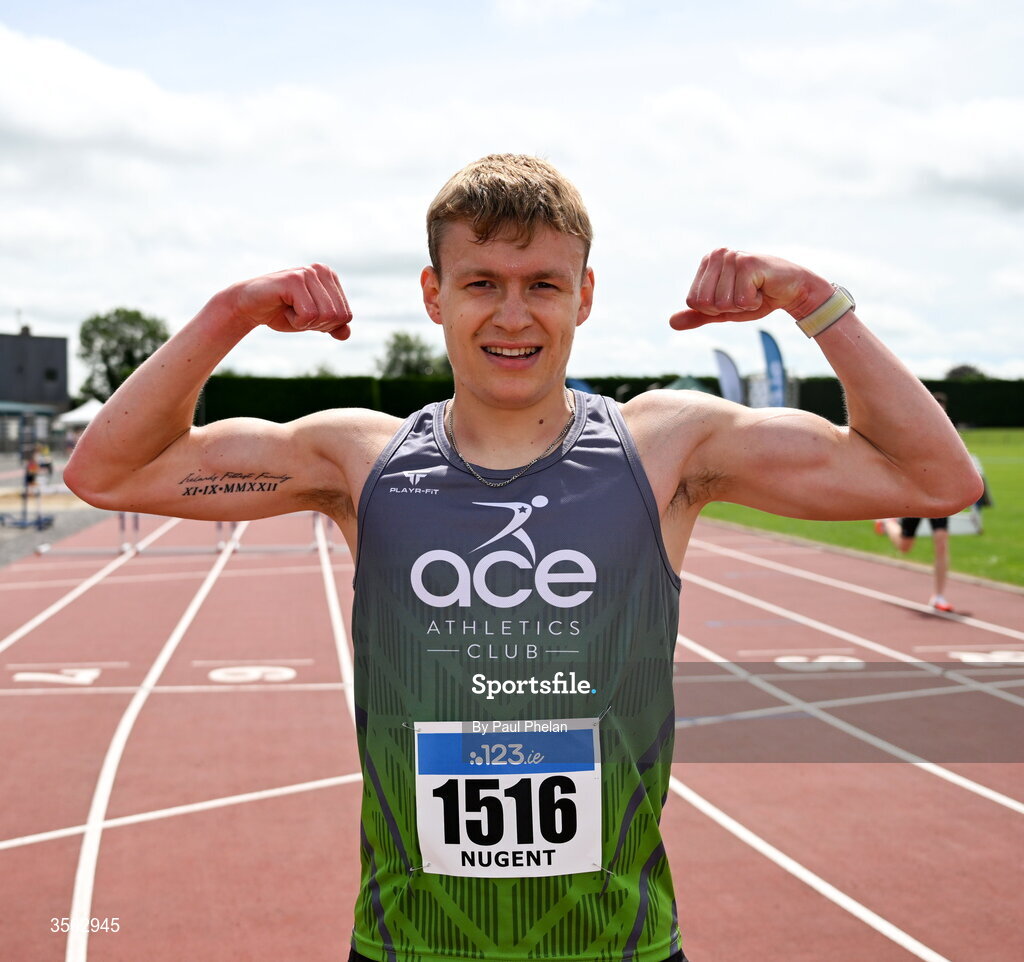 5 July 2026; Danny Nugent of Ace Athletics Club, Galway wins  the U23 men's 5000m during day two of the 123.ie National U20 & U23 Track & Field Championships at Tullamore Harriers Athletics Club in Tullamore, Offaly. Photo by Paul Phelan/Sportsfile