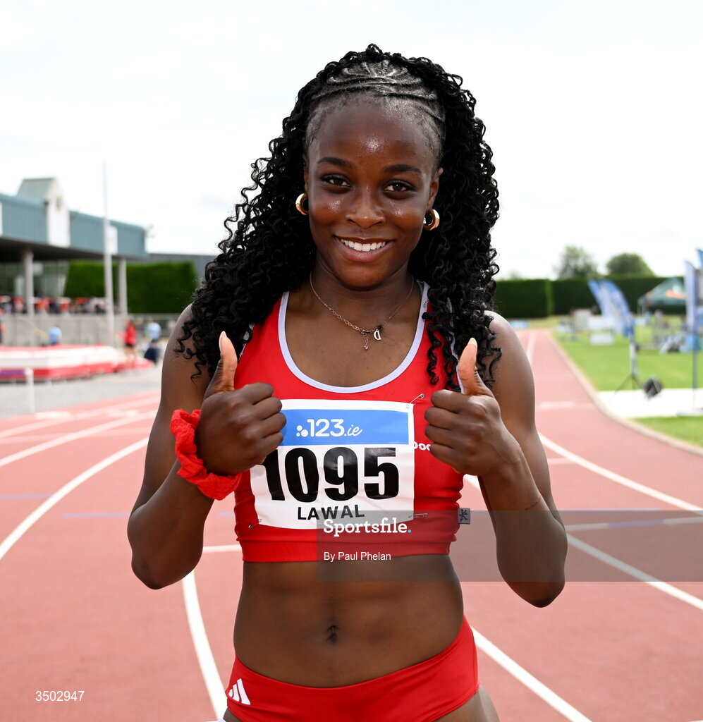 5 July 2026;  Destiny Lawal of Dooneen A.C., Galway wins the U20 women's 200m during day two of the 123.ie National U20 & U23 Track & Field Championships at Tullamore Harriers Athletics Club in Tullamore, Offaly. Photo by Paul Phelan/Sportsfile