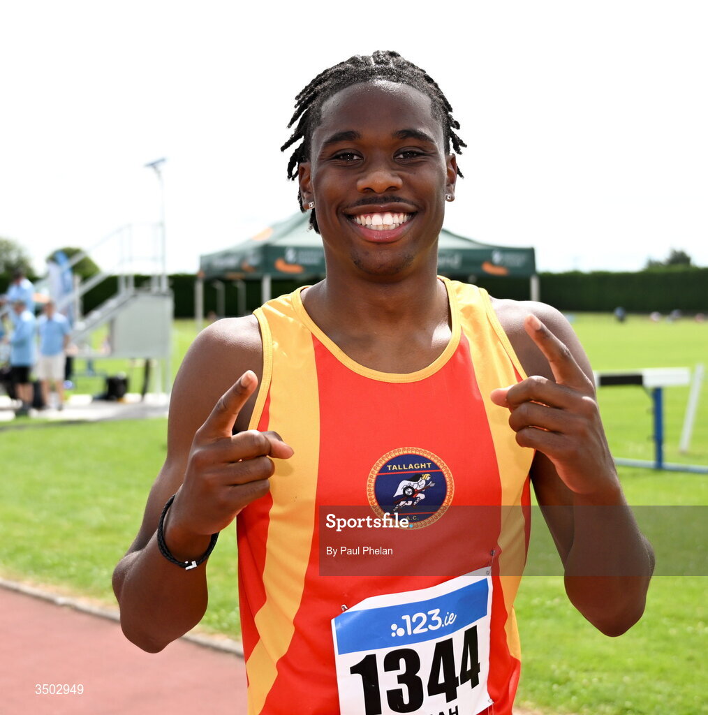 5 July 2026; Dubem Amah of Tallaght A.C., Dublin wins the U20 men's 200m during day two of the 123.ie National U20 & U23 Track & Field Championships at Tullamore Harriers Athletics Club in Tullamore, Offaly. Photo by Paul Phelan/Sportsfile