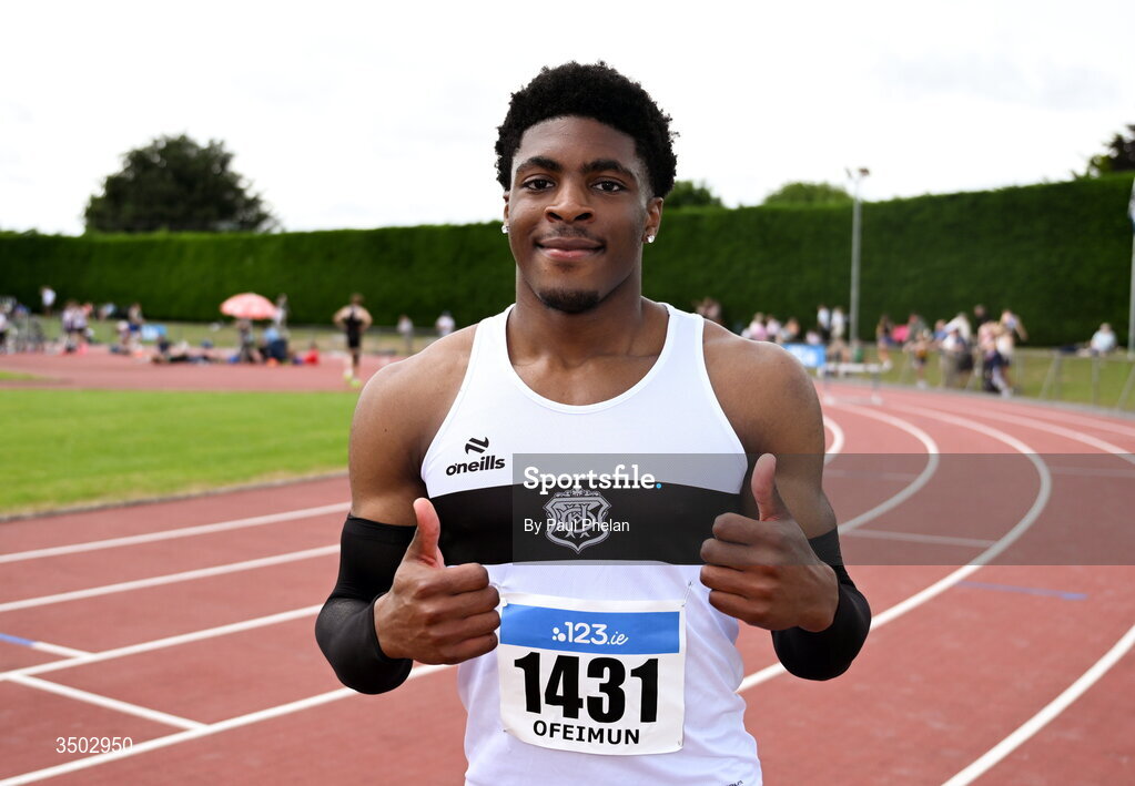 5 July 2026; Adam Ofeimun of Donore Harriers A.C., Meath comes second in the U20 men's 200m during day two of the 123.ie National U20 & U23 Track & Field Championships at Tullamore Harriers Athletics Club in Tullamore, Offaly. Photo by Paul Phelan/Sportsfile