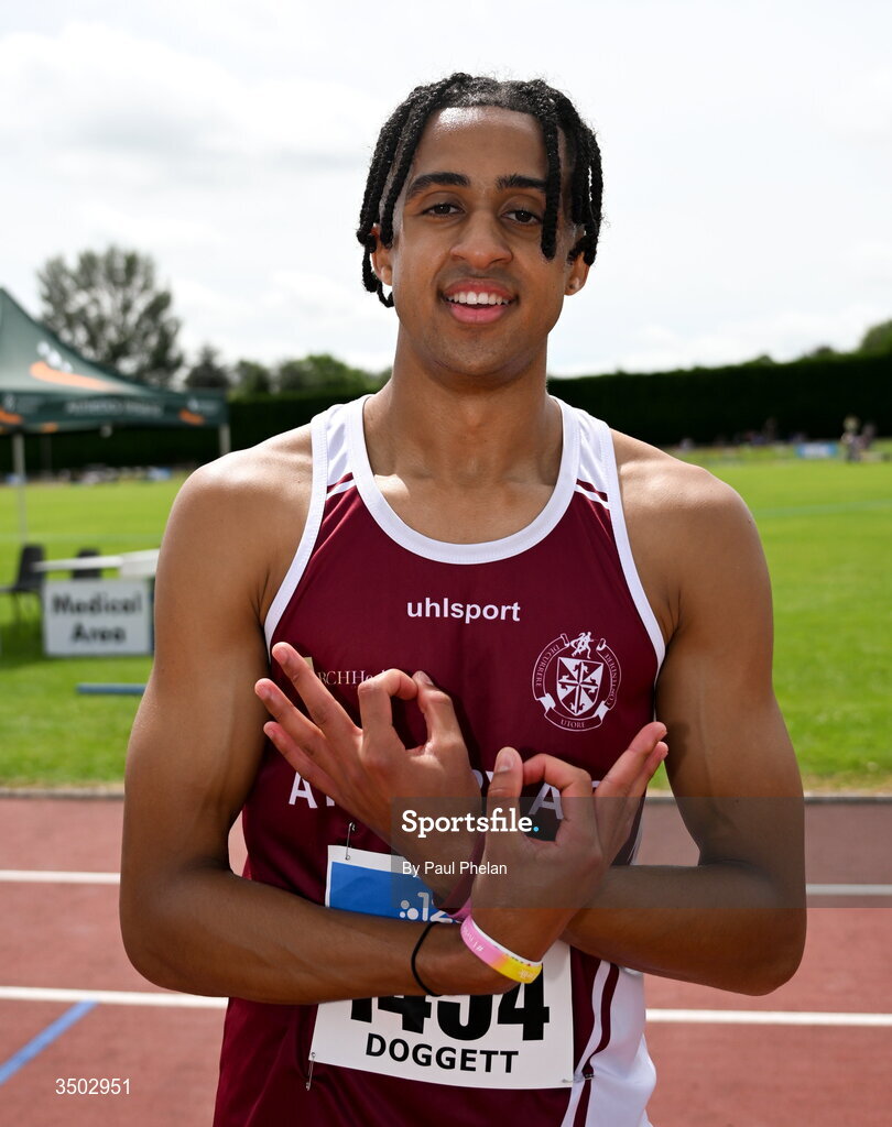 5 July 2026; Sean Doggett of Athenry A.C., Dublin wins the U23 men's 200m during day two of the 123.ie National U20 & U23 Track & Field Championships at Tullamore Harriers Athletics Club in Tullamore, Offaly. Photo by Paul Phelan/Sportsfile