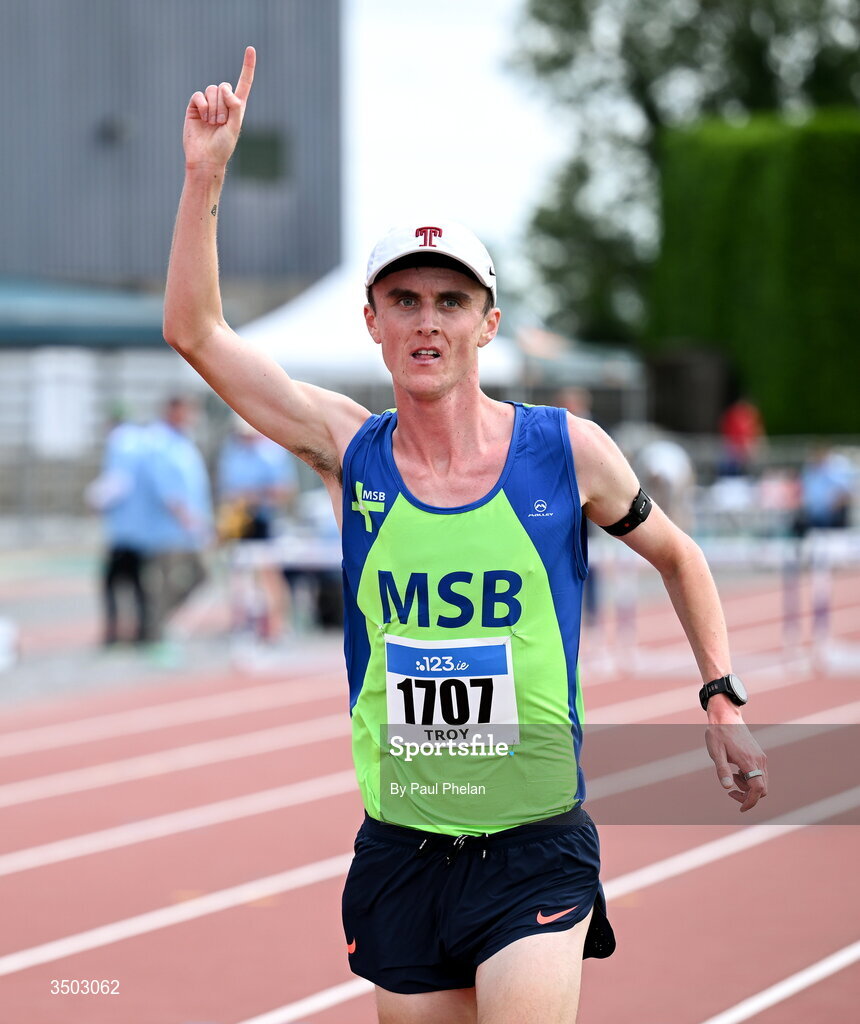 5 July 2026; David Troy of Metro/St. Brigids A.C.,  wins the Senior men's 10000m  during day two of the 123.ie National U20 & U23 Track & Field Championships at Tullamore Harriers Athletics Club in Tullamore, Offaly. Photo by Paul Phelan/Sportsfile