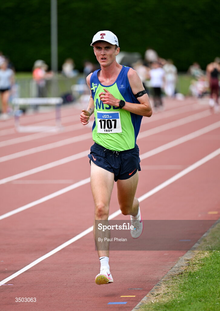 5 July 2026; David Troy of Metro/St. Brigids A.C.,  on his way to winning the Senior men's 10000m during day two of the 123.ie National U20 & U23 Track & Field Championships at Tullamore Harriers Athletics Club in Tullamore, Offaly. Photo by Paul Phelan/Sportsfile